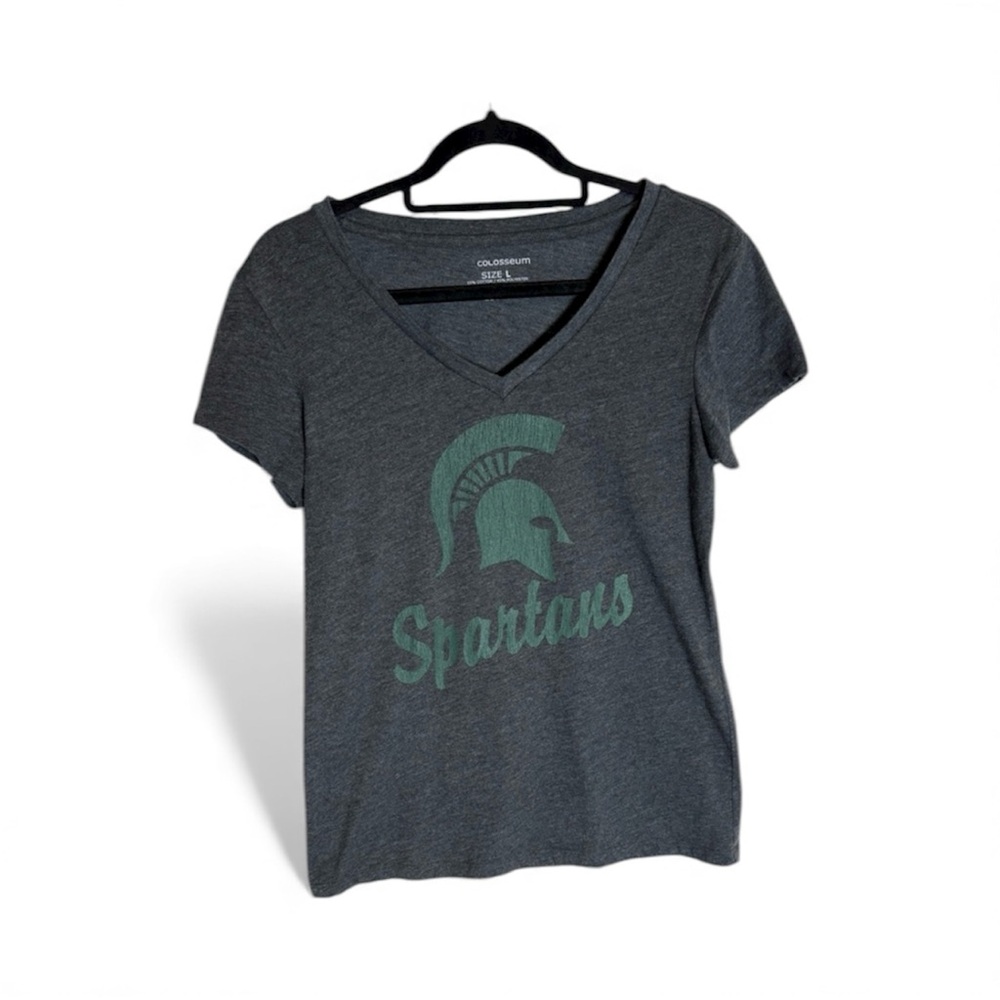 COLOSSEUM Women’s Large Charcoal/Green MSU Logo V-Neck T-shirt NWOT